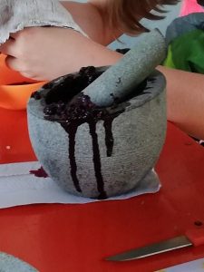 Mörser mit zerdrückten Mahonienbeeren – tiefdunkle Farbe läuft über den Rand.