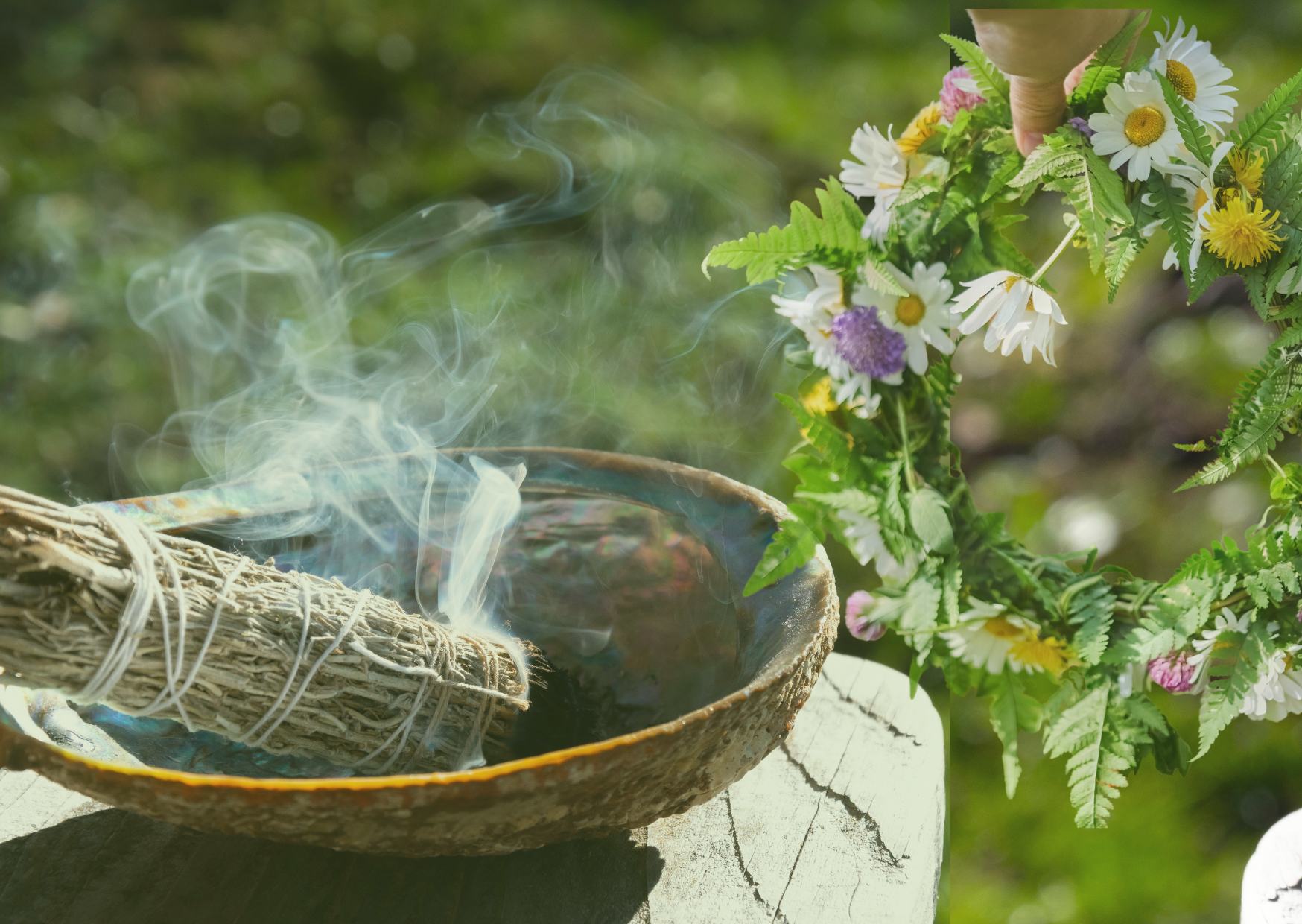 Räucherbündel in einer Muschel mit aufsteigendem Rauch, daneben ein frischer Blumenkranz – symbolisch für Rituale und Jahreskreisfeste.