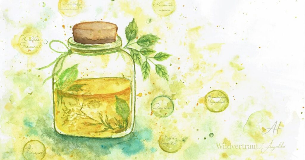 Aquarell eines Kräuterauszugs im Glas – Symbol für Wildpflanzenwissen, Fermentation und die Rückkehr alten Kräuterwissens