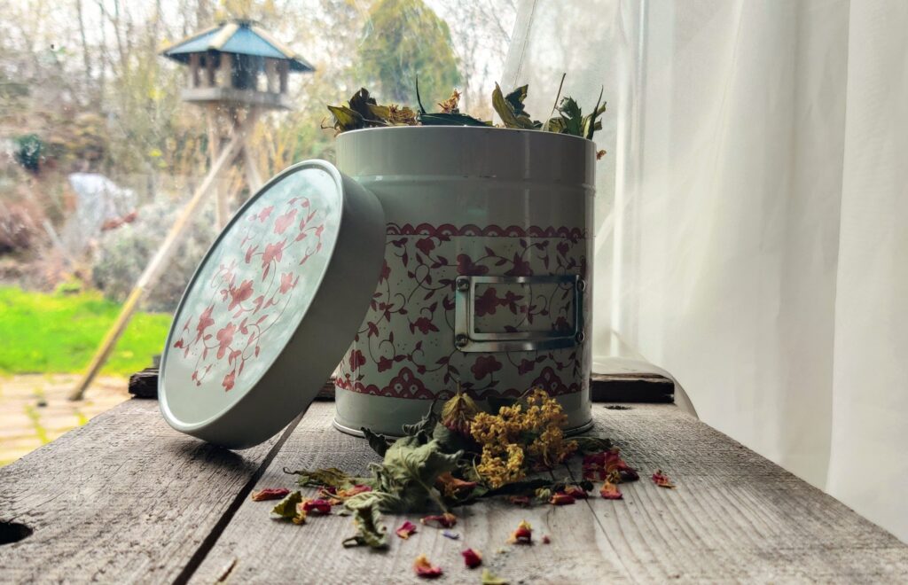 Aufbewahrungsdose mit getrockneten Wildpflanzen für selbstgemachten Kräutertee